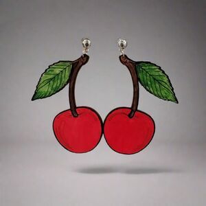 Large Red Cherry Earrings with Green Leaf – Fun Retro Statement Jewelry